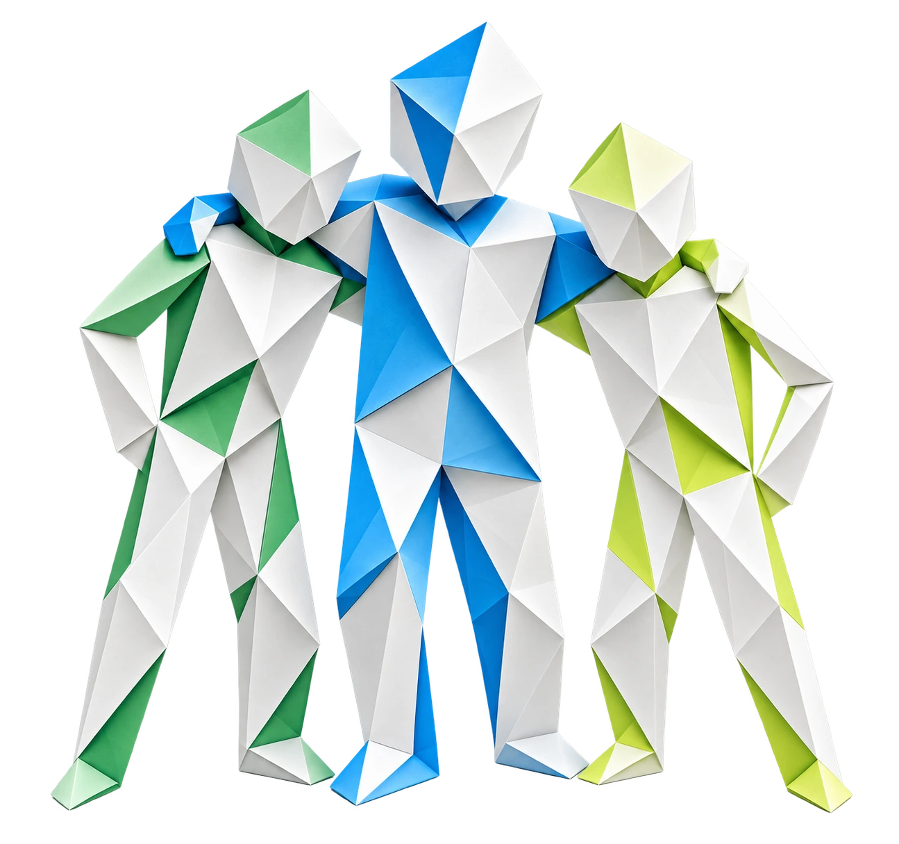 Drei Origami-Figuren im Schulterschluss