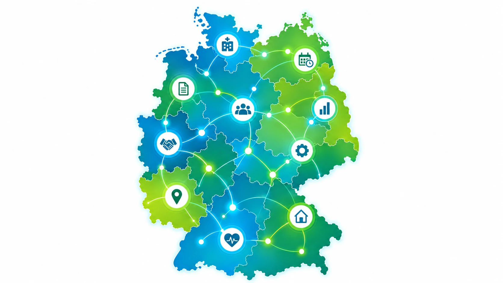 Deutschlandkarte mit vernetzten Stationen des digitalen Reha-Managements