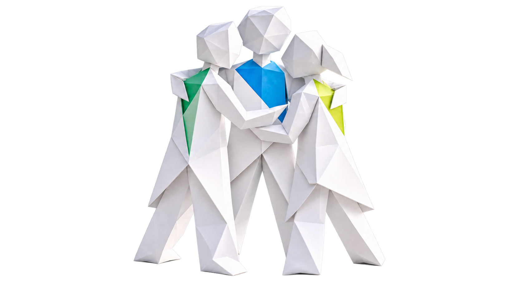 Drei abstrahierte Origami-Figuren als Symbol für persönliche Begleitung und Teilhabe